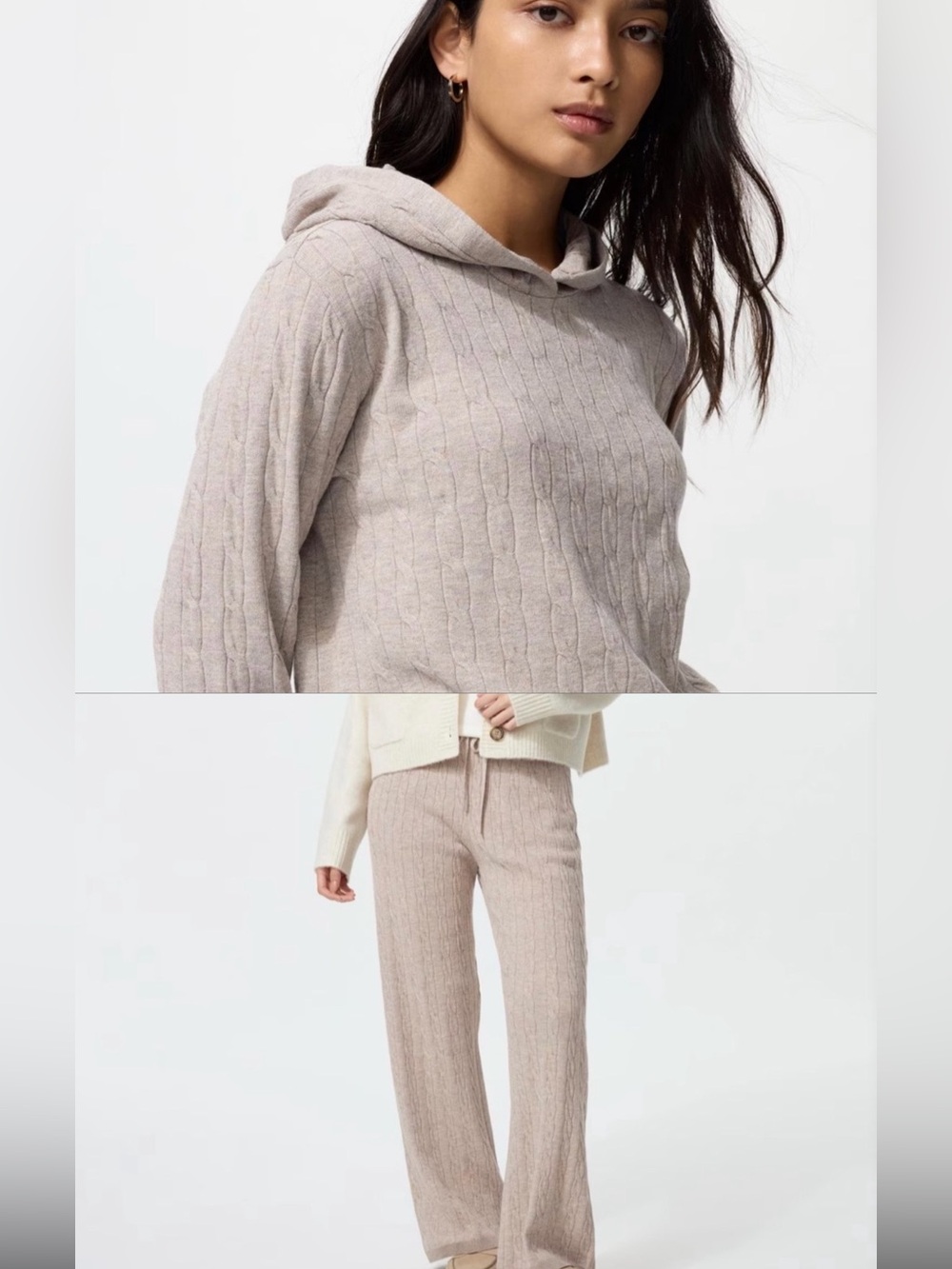 Cozy Hooded Cable Knit Set: Sweater and Pants - Beige
